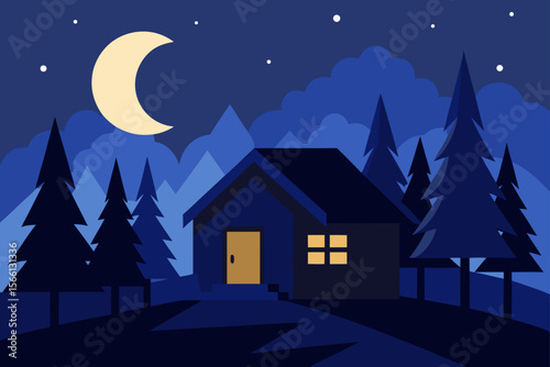 moonlit scene of cozy cabin in forest