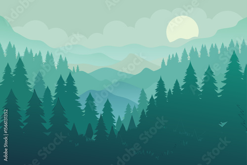 morning mist in dense pine forest