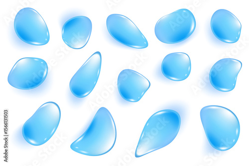 Blue water drops. 3d liquid transparent splashes of gel on white background. Realistic clear texture shapes on surface. Top view of aqua collagen and spots of serum. Vector elements
