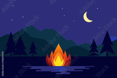 nighttime bonfire by the lake