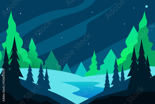 northern lights over icy forest