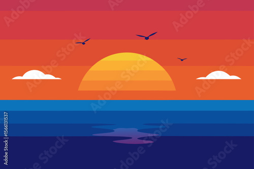 ocean horizon sunset with seagulls flying