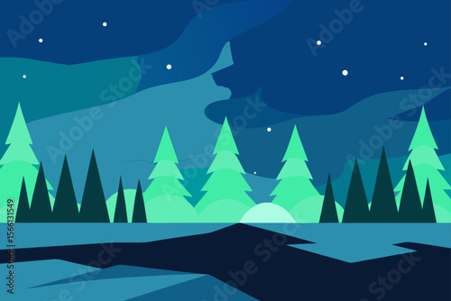 northern lights over icy forest