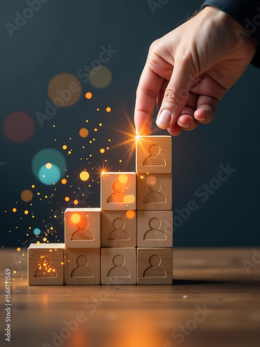 business manager selects leaders builds team stacks wooden blocks people icons amidst vibrant light