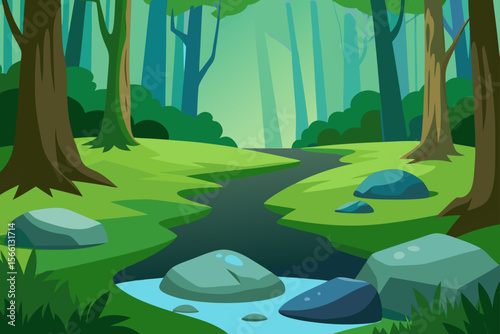 quiet forest glade with stream and mossy stones