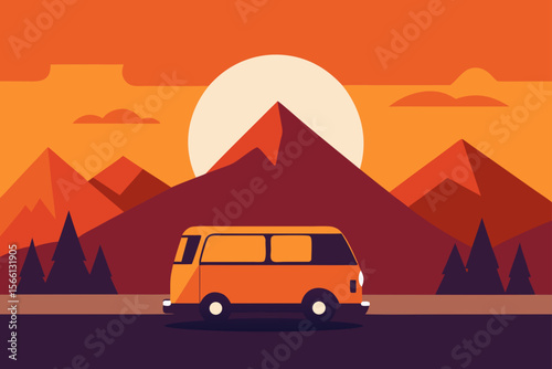 scenic van trip with mountains at golden hour