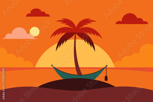 secluded island with hammock and sunset sky