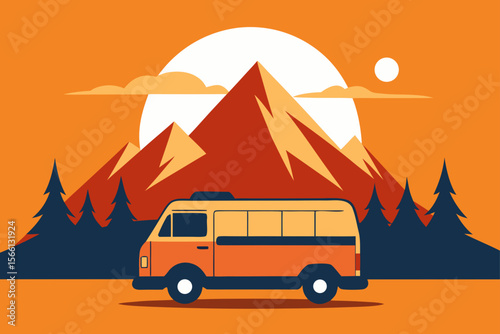 scenic van trip with mountains at golden hour