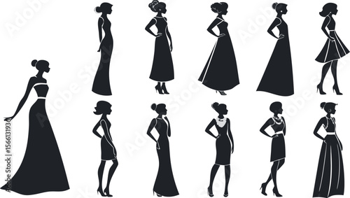 A stylish set of fashion women silhouettes, each depicted in dynamic poses and chic outfits, showcasing modern trends, elegance, and confidence, perfect for fashion-forward designs and artistic .