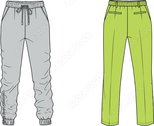 Flat sketch of two modern trousers with drawstring and elastic waistband, casual jogger and formal style, fashion design vector flat vector illustration
