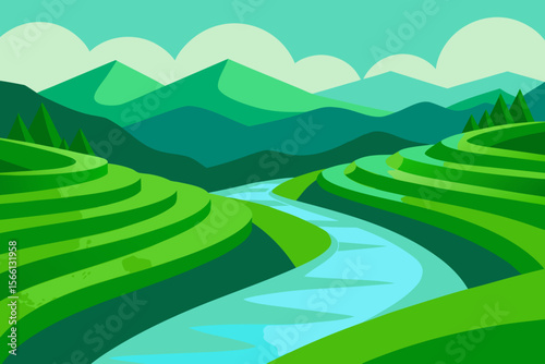 serene green rice terraces and winding river lands