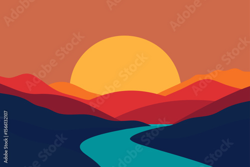 serene sunset landscape minimalist hills river a