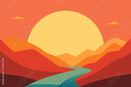 serene sunset landscape minimalist hills river a