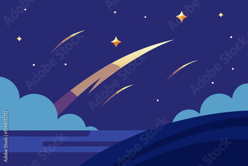 shooting stars over calm night landscape