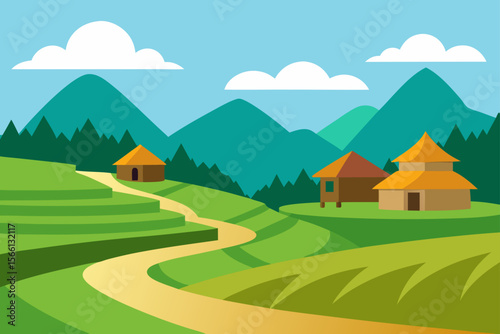 serene valley village with rice fields