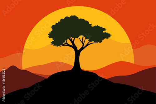 silhouetted tree on a hilltop at sunset
