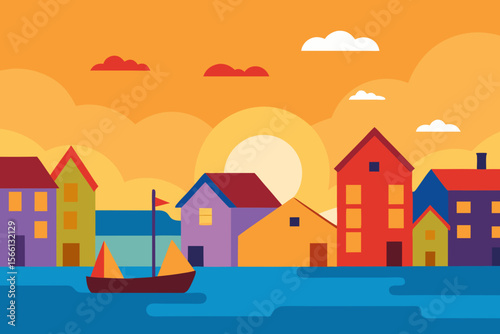 small harbor town with colorful houses at sunset