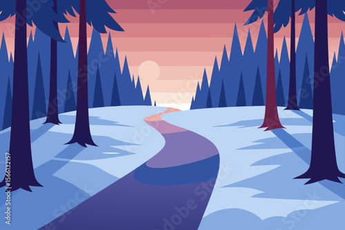 snow covered forest path at dawn