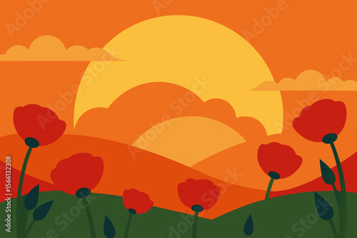 sun setting over poppy field