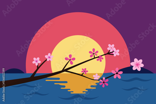 sunset and cherry blossoms over water