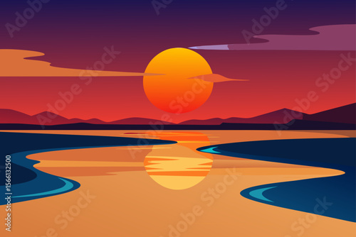 sunset reflected on wet sand at low tide