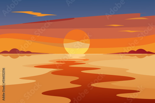 sunset reflected on wet sand at low tide