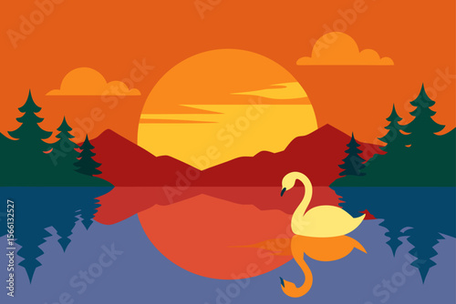 sunset reflection on calm lake with swans