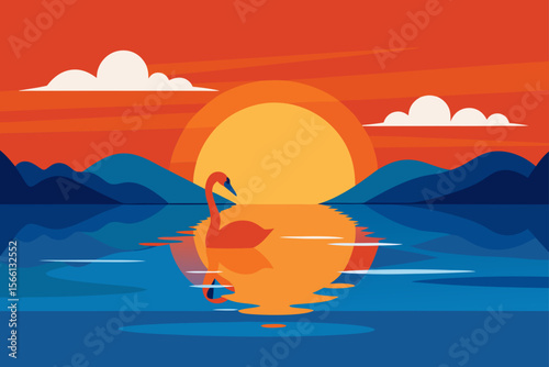 sunset reflection on calm lake with swans