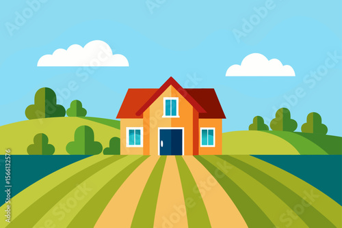 tranquil farmhouse surrounded by fields