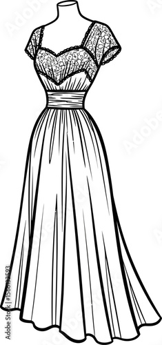 Vintage dress illustration fashion design sketch lace gown drawing elegant evening wear formal attire art vector illustration