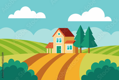 tranquil farmhouse surrounded by fields