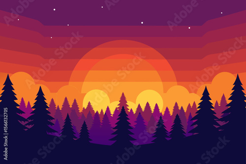 vibrant sky sunset behind pine forest