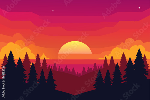 vibrant sky sunset behind pine forest