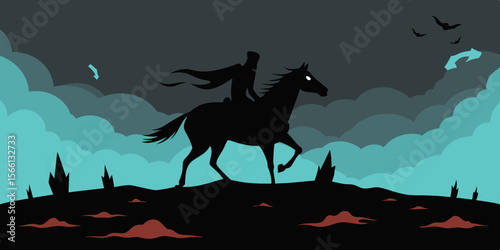 A Pale Rider On A Black Horse Galloping Through A Dark Landscape