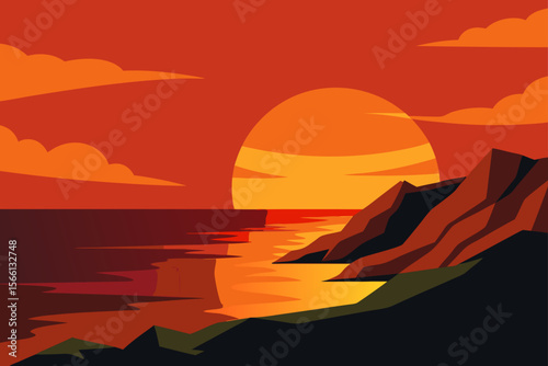 warm sunset glow on rocky coastline