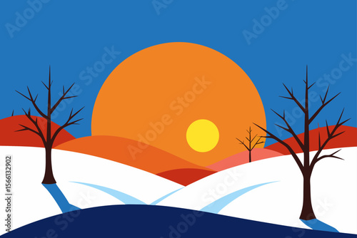 winter sunset with bare trees and snow