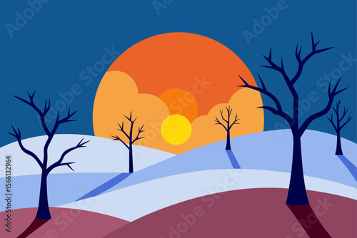 winter sunset with bare trees and snow