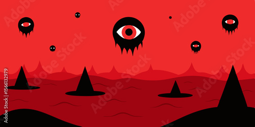 A Surreal Nightmare Landscape Filled With Floating Eyes And Shadows