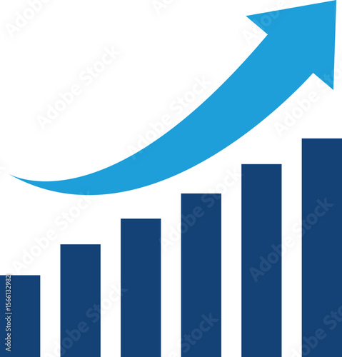 Growth bar icon. Vector logo of an increasing chart. Business statistics and data analysis symbol. Represents business growth, profit increase, and progress with upward arrow and bar chart elements.