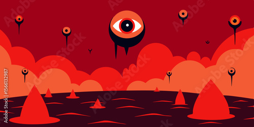A Surreal Nightmare Landscape Filled With Floating Eyes And Shadows