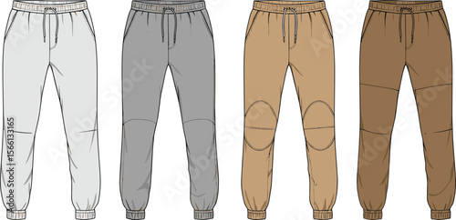 Jogger pants fashion flat sketch front view, vector illustration set, casual wear technical drawing, sportswear design, elastic waistband joggers flat vector illustration