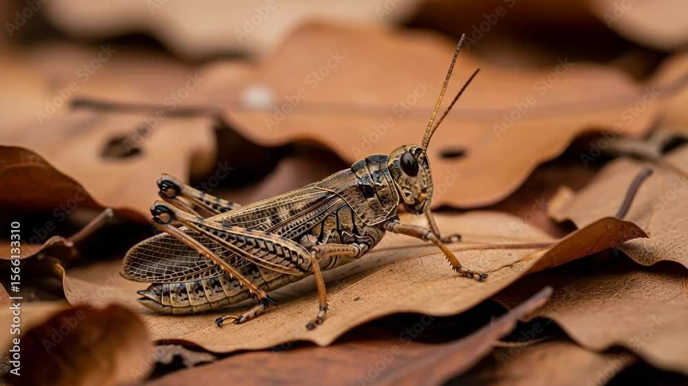 Close up of a brown grasshopper resting on a bed of dried leaves in a natural outdoor setting view