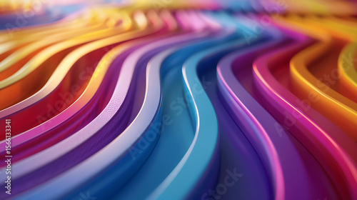 A dynamic 3D chord diagram features colored arcs linking data categories, visually mapping relationships, flows, or interactions in an elegant circular format.

