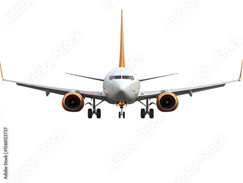Front view of a modern passenger jet airplane with orange accents isolated on transparent background