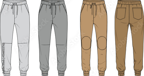 Jogger pants front and back view flat sketch, vector fashion template, casual wear design, elastic waistband, patch pockets, drawstring detail flat vector illustration
