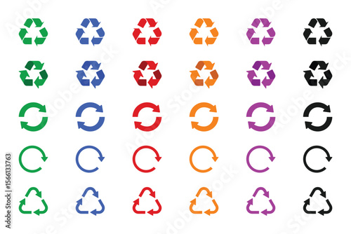 Set of recycle symbols for organic, paper, glass, plastic, mixed and metal waste, recycling waste signs
