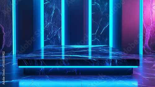 a neon cyberpunk 3D luxury marble podium
