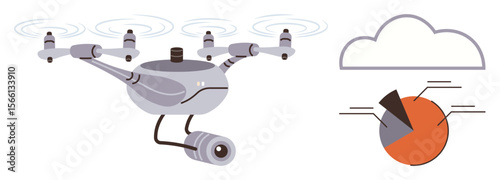 Drone with camera flying and analyzing data, connected to a cloud. Pie chart indicates data analysis. Ideal for technology, security, cloud computing, data storage, AI analytics automation. Simple