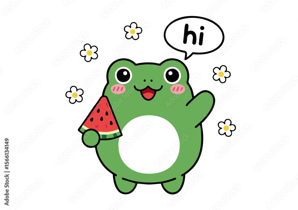 Obraz premium Cheerful Cartoon Frog with Watermelon Slice and Hi Bubble.