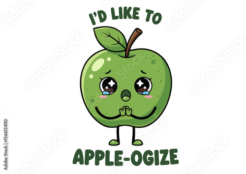 Adorable Green Apple Character with Teary Eyes and Praying Hands Apologizing.